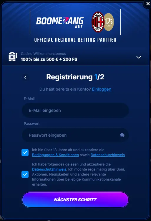 Boomerang Bet Casino Anmeldeformular